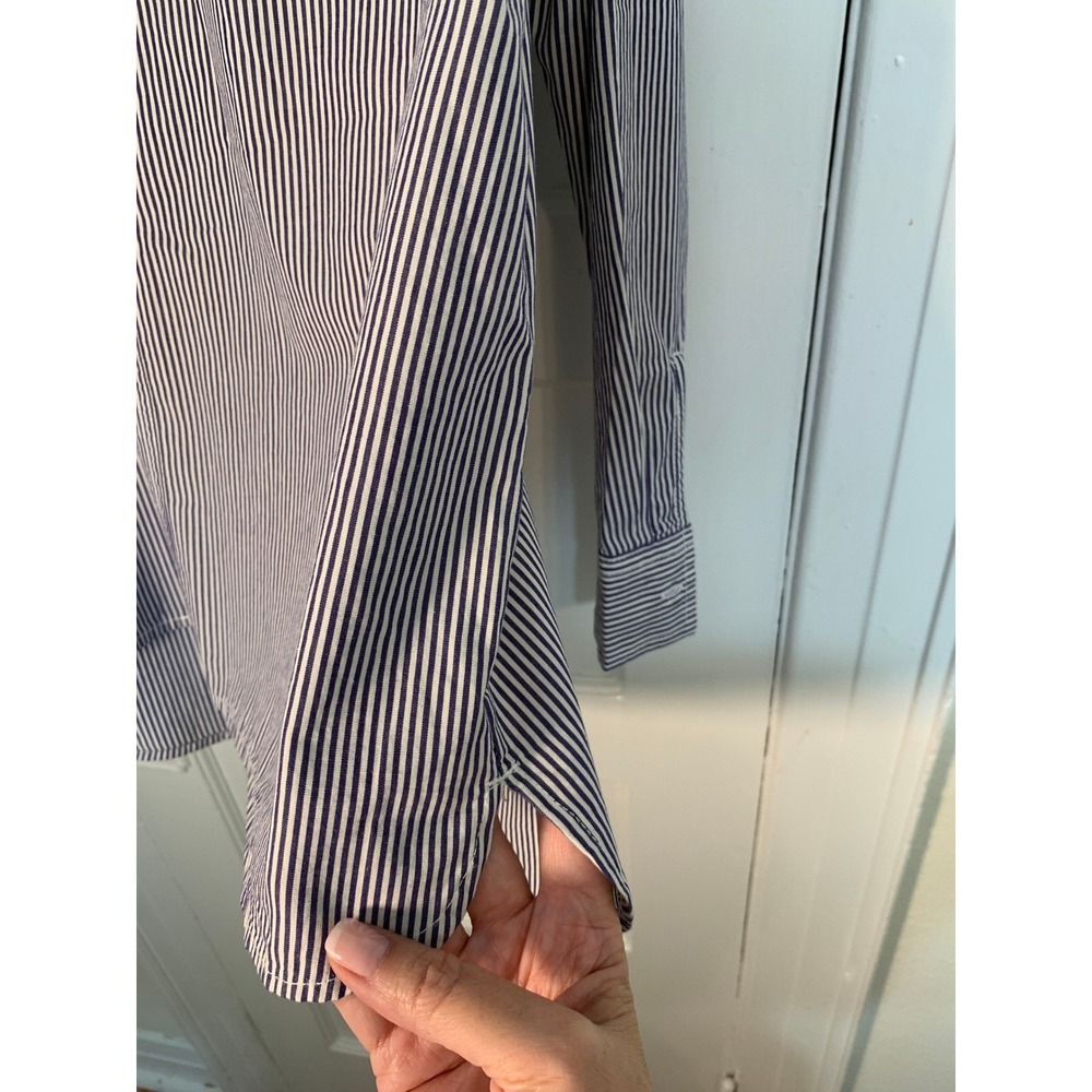 Free Assembly Blouse Blue White Striped Ruffle Shoulder Button 80s Preppy / SZ L - Picture 10 of 11